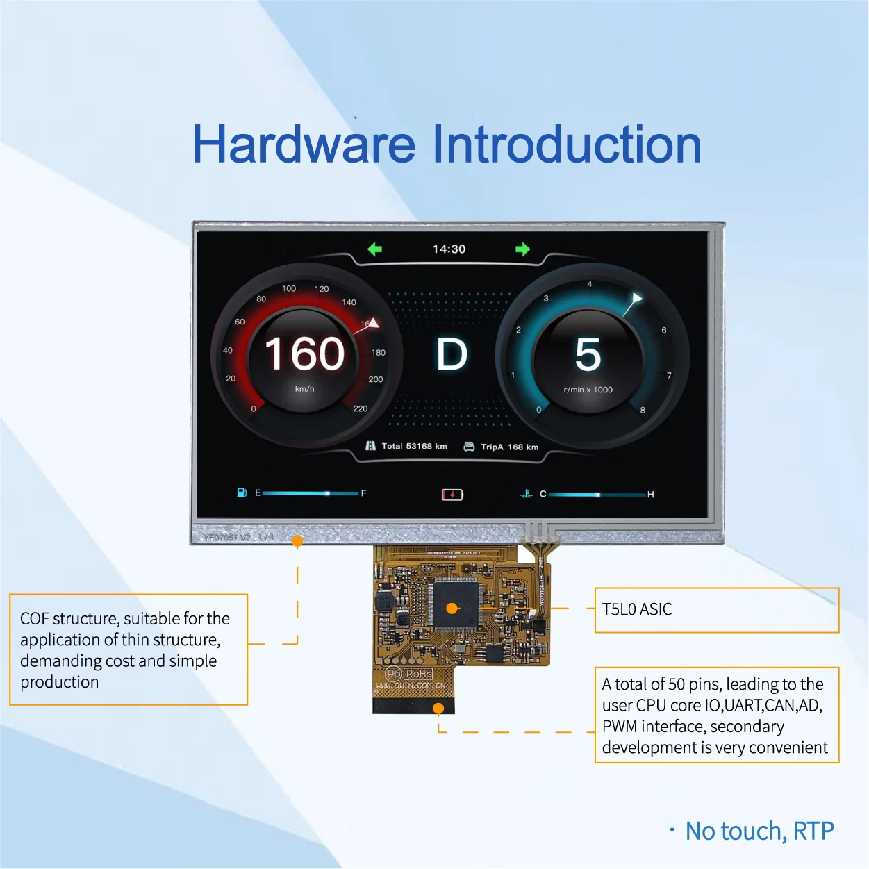 DWIN 7 inch, 800*480 resolution, 262K colors, TN-TFT-LCD, COF structure, Resistive Touch Screen, UART, DMG80480F070_01WTR