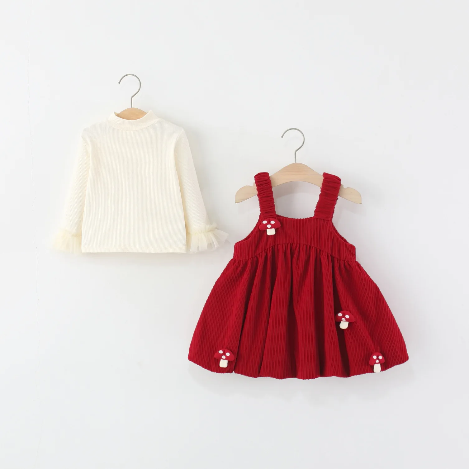 2025 Autumn New Four Small Mushroom Dress Two-piece Set, Girls Long-sleeved Top + Suspender Dress
