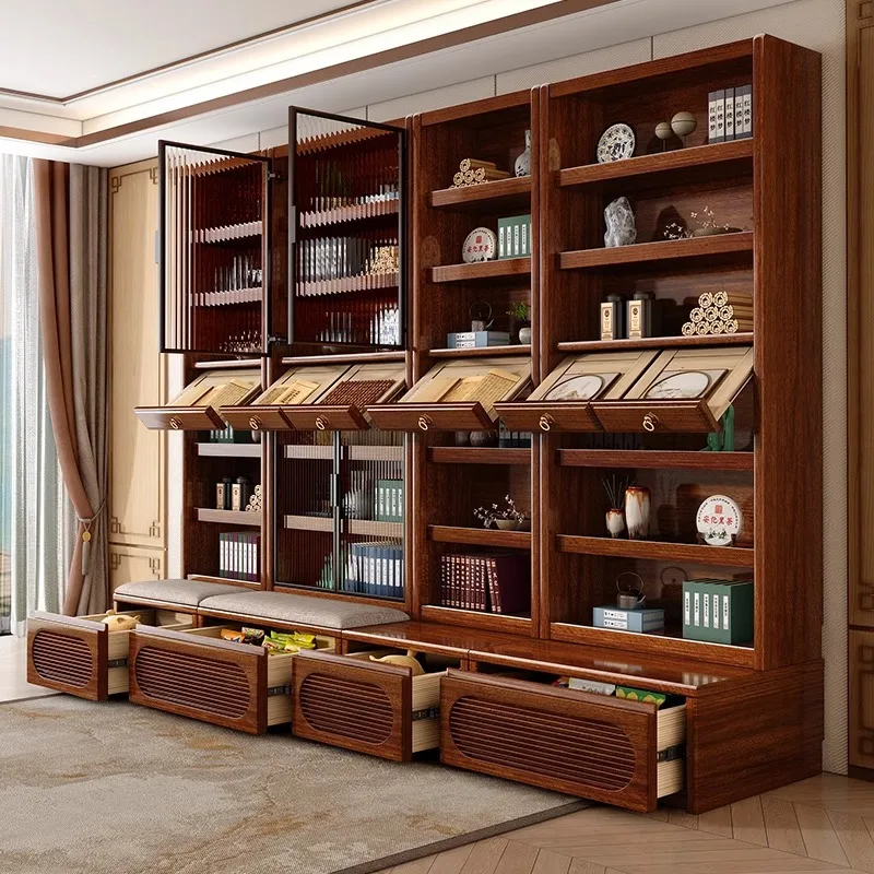 Walnut all solid wood bookcase with glass door Free combination bookcase Multifunctional wall stand cabinet
