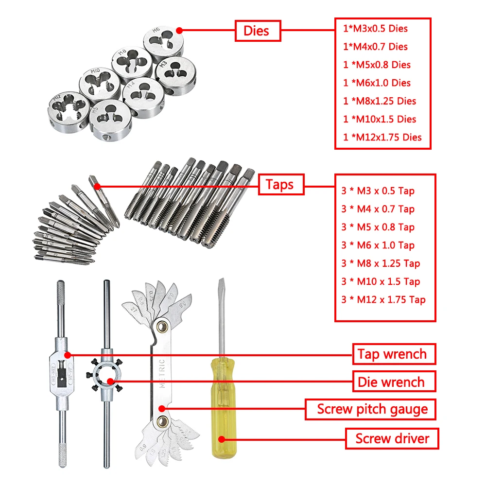 32 PCS Tap and Die Set Metric Wrench Cut M3-M12 Hand Threading Tool Tungsten Carbide Tap Die Screw Thread Making Tool Bit Set