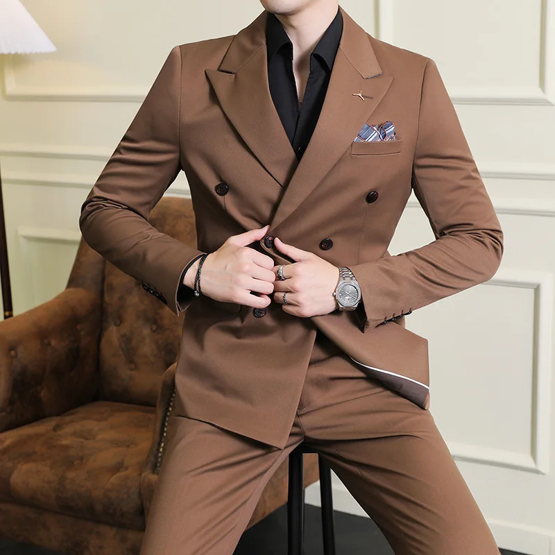 ( Blazers + Pants ) Boutique Fashion Solid Color Double-breasted Men's Casual Business Slim Suit 2-piece Set Groom Wedding Dress - view 4