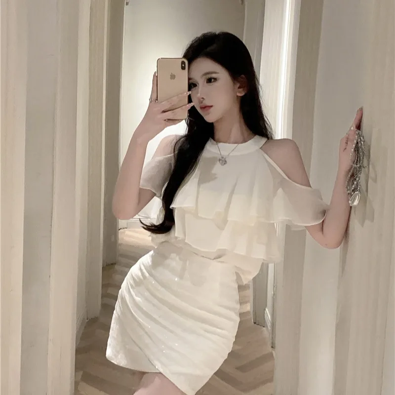 

Elegant Women's Shoulder-baring Shirt with Lace Trim And Sequins Skirt Set Korean Style Commute Spring Season Universal ...