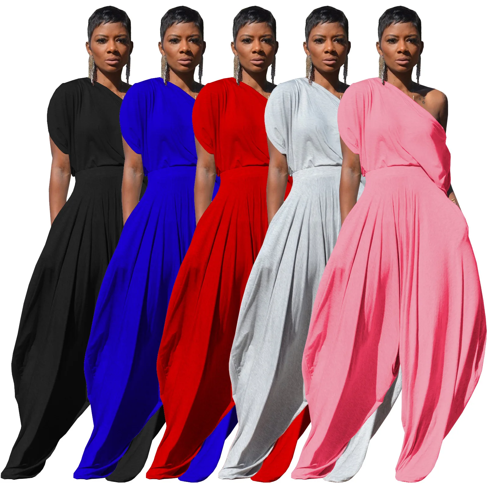 

2025 Autumn New Women's Casual Solid Color Cotton Oblique Shoulder Harem Pants Suit Two-piece Suit Костюм Женский