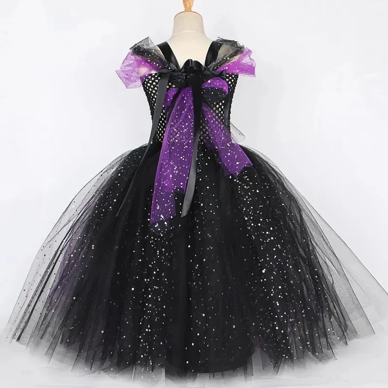 2025 حفلة الهالوين التأثيرية الساحرة الأرجواني منتفخ بلا أكمام الخفافيش الديكور فستان الفتيات مجموعة الملابس الاحتفالية الكلاسيكية dl;1