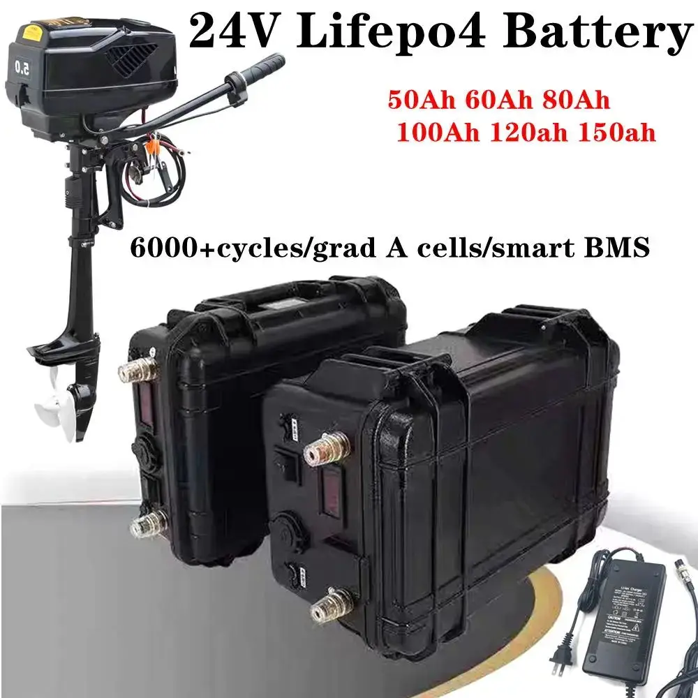 

Army green 24V 50Ah 60Ah 80Ah 100Ah 120Ah 150Ah Lifepo4 battery for trolling motor boat back up power+10A Charger