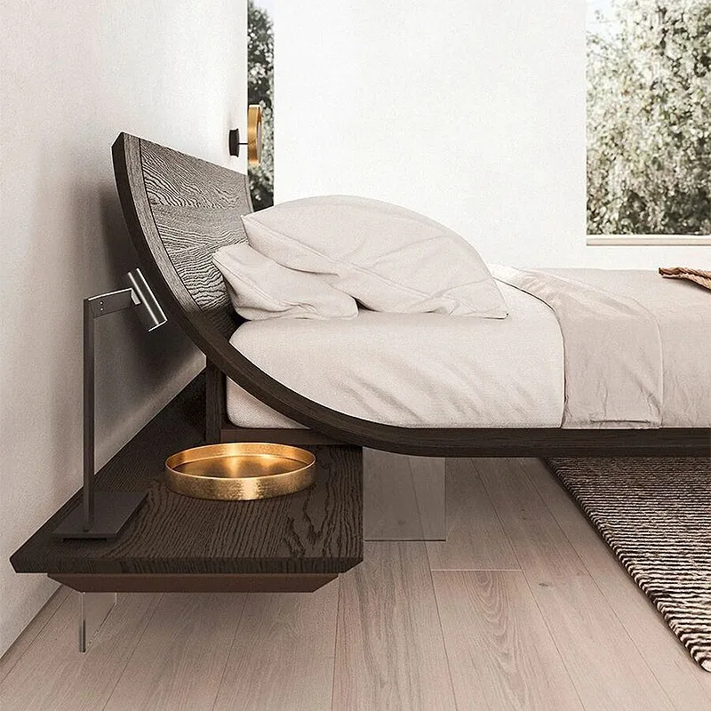 Suspended bed, modern simple solid wood bed, Italian curved double bed with induction light strip