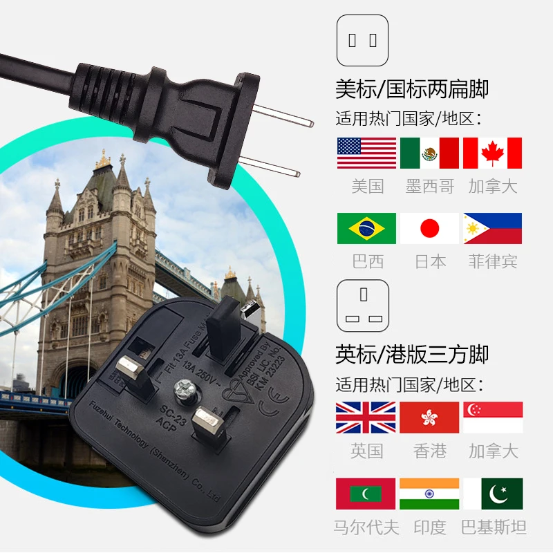 US 2Pin To UK 3pin Power plug converter 13A fused Waterproof, recessed
