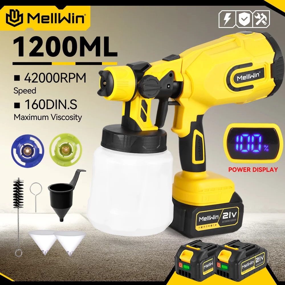 MELLWIN 1200ML Elektrischer Farbsprüher, kabellose Spritzpistole, 3 Kupferdüsen und großes Fassungsvermögen, einfaches Sprühen, für Makita 18V Akku.