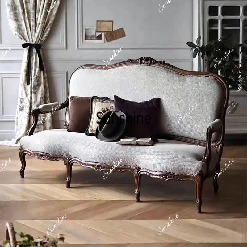American retro solid wood carving flower sofa chair villa living room balcony fabric, leisure