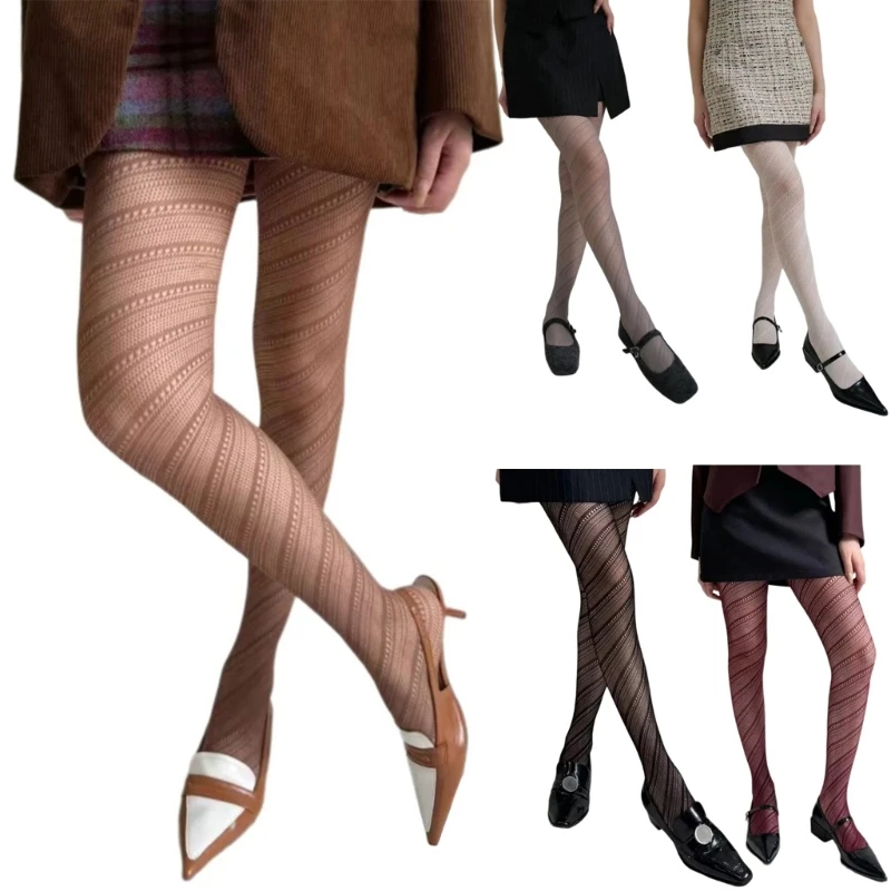 Women's High Elasticity Fishnet Pantyhose Fashionable Diagonal Stripe Stockings