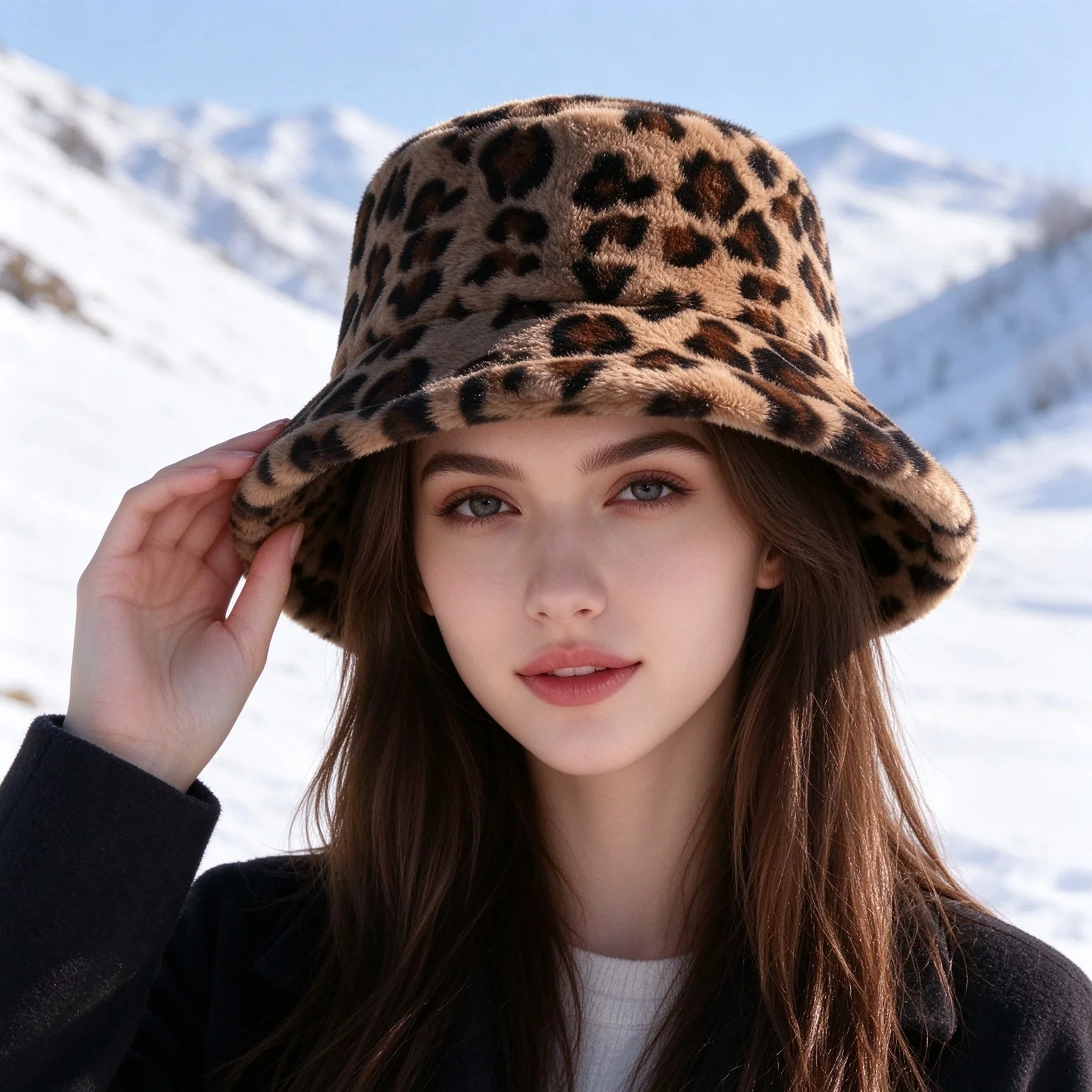 New Autumn and Winter Lady Thick Warm Skin-Friendly Soft Plush Bucket Hat Leopard Print Bucket Hat