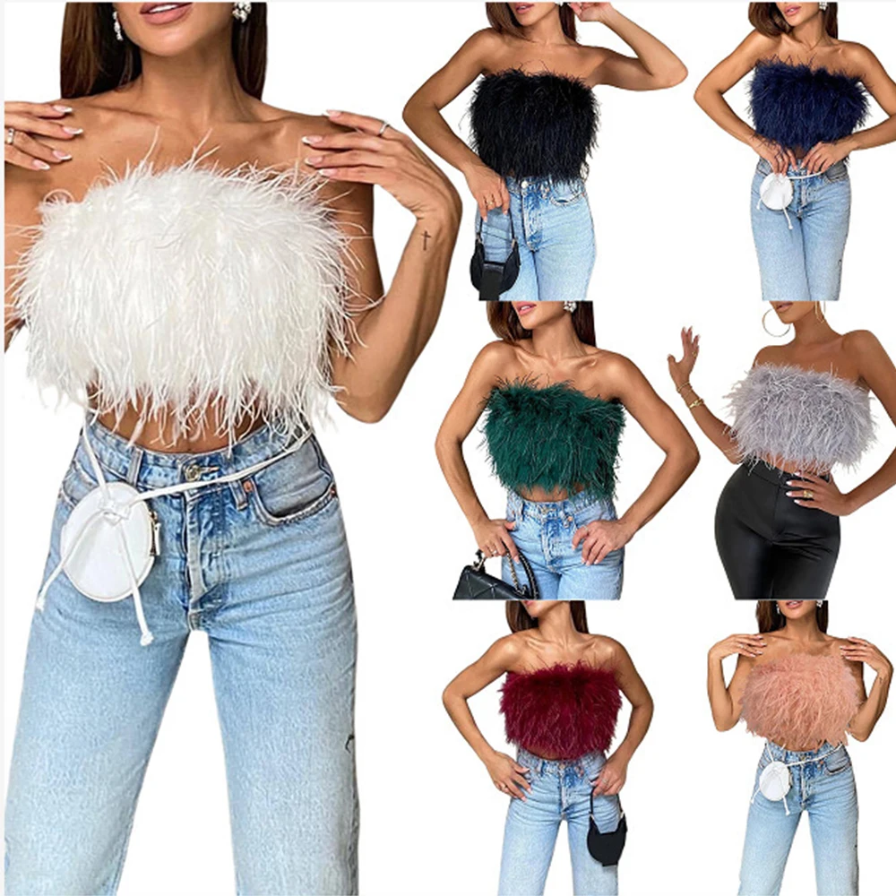 

2022 Spring Summer Real Ostrich Feather Elastic Top Bra Women Straples Turkey Bustier Luxury Wedding Lady Party Wrap Shirt