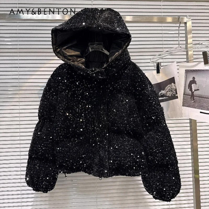 Nowa, specjalna, wytworna kurtka puchowa z cekinami, ocieplana, z kapturem, bawełniana, zimowa, ciepła, z długim rękawem, zapinana na zamek, parki, top, damska