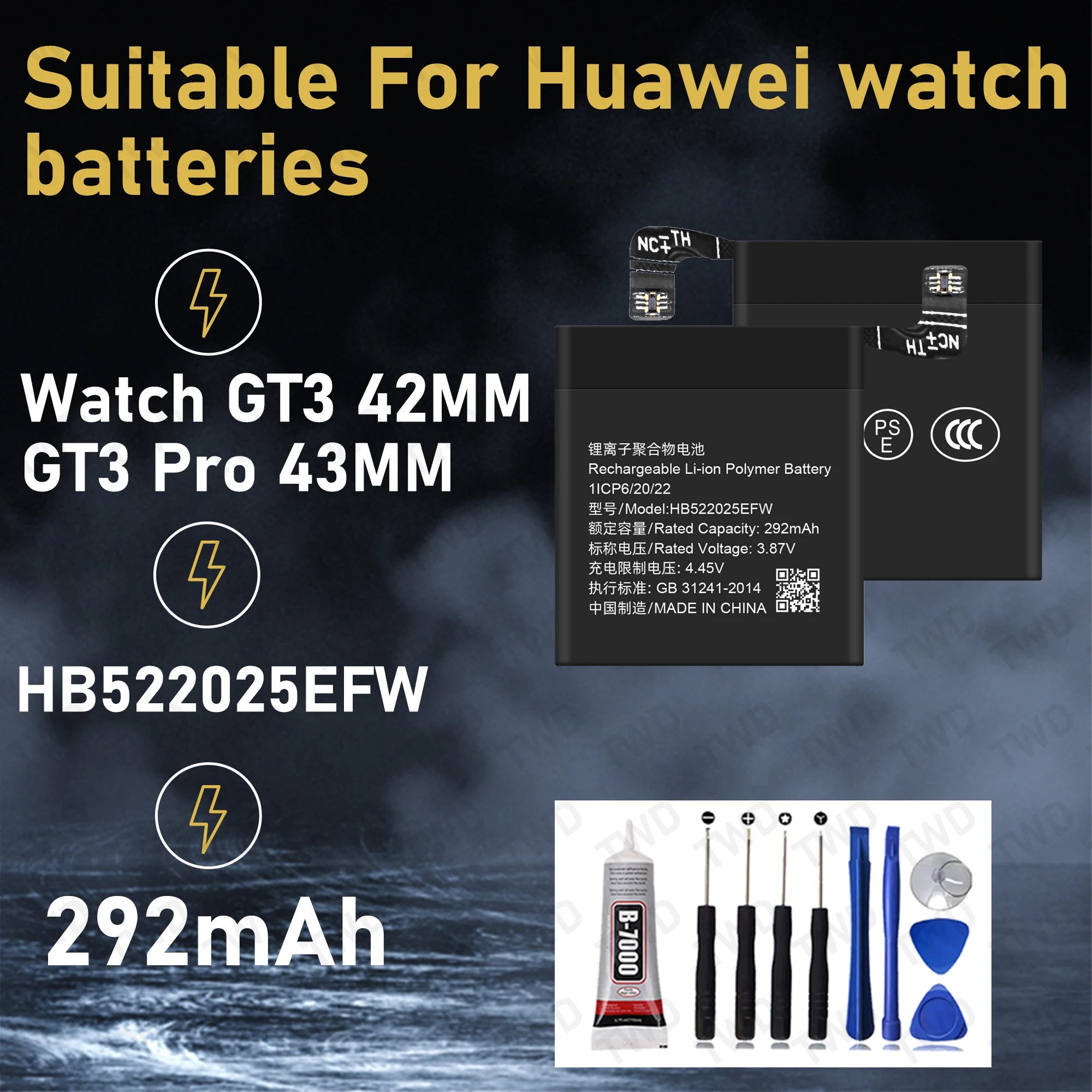 

HB522025EFW Large capacity Battery For Huawei watch GT3 42MM/GT3 Pro 43MM SmartWatch batteries New High Quanlity+Free Tools
