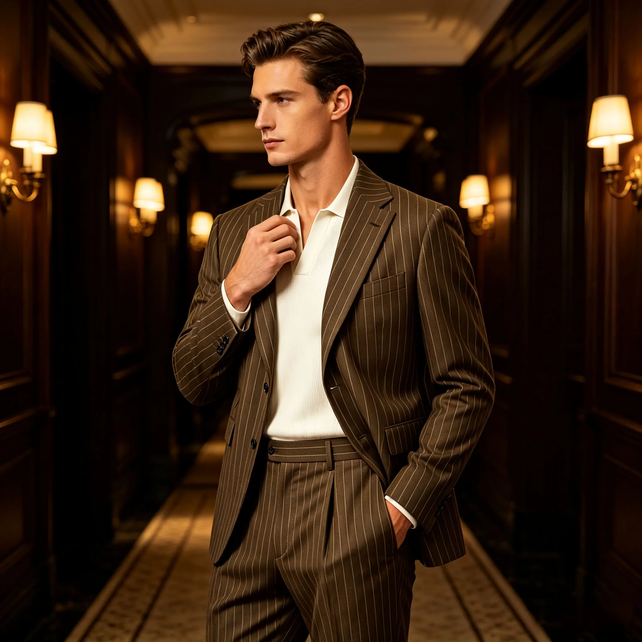 Men's Brown Striped 2 Pieces Suit Vintage Notched Lapel Slim Fit Multi Pocket Blazer Pants Formal Set Business Wedding Party
