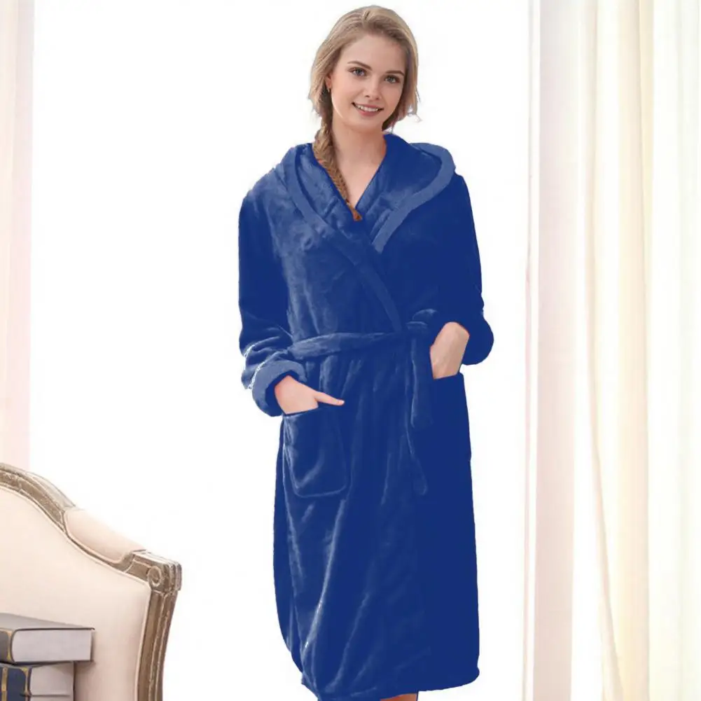 2024 Women Bath Robe Winter Fluffy Plush Pyjamas Ladies Sexy Hooded Dressing Solid Color Gown Warm Bathrobe Female Home Clothing