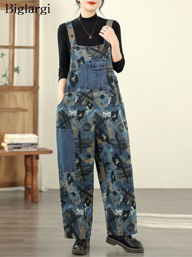 

Женские джинсовые комбинезоны оверсайз с граффити-принтом, модные широкие джинсовые комбинезоны свободного кроя для женщин, повседневные женские джинсы
