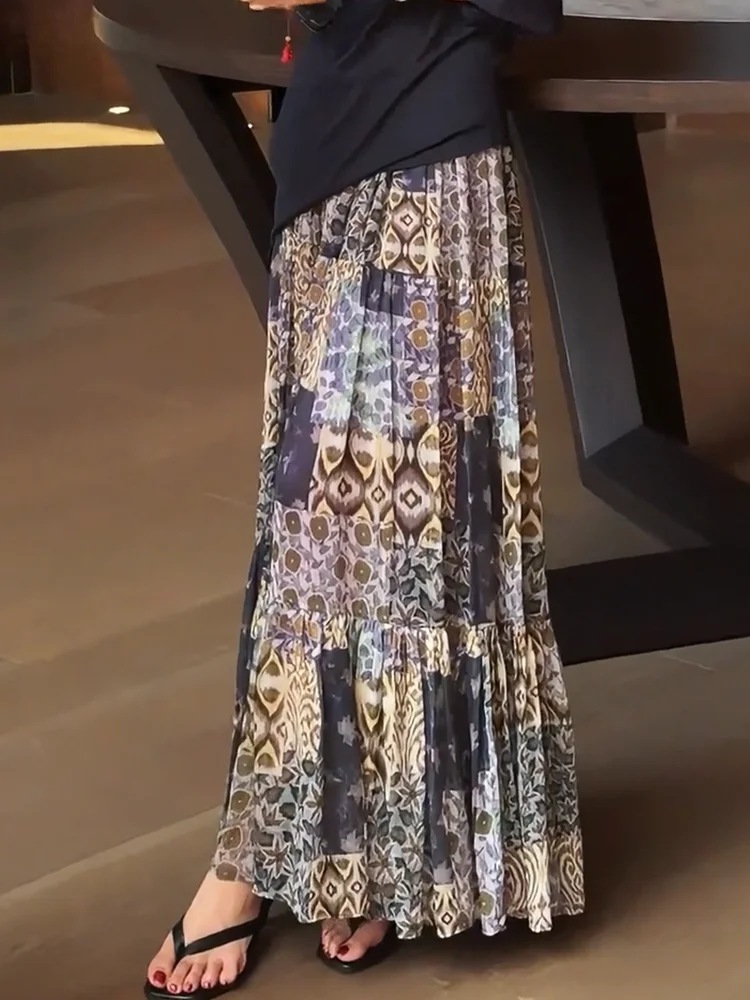 

n Sle Maxi Skirt Women's Summer New Vintage Draped f-length Skirts Artistic Flared Skirts Korean Sle Commute