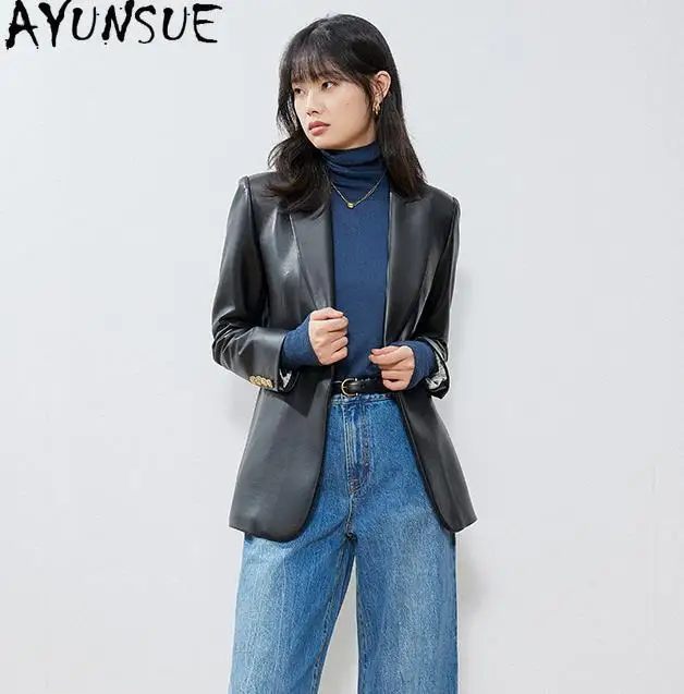 

AYUNSUE 100% Real Leather Jacket Woman Clothing Spring Autumn Sheepskin Suit Coat Women Mid-length Fashion 2026 Casaco Feminino