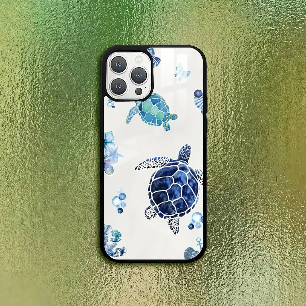 الحياة البحرية السلاحف البحرية الفن جراب هاتف آيفون 11 12 13 14 15 16Pro ماكس زائد نسيج زجاجي عالي الجودة