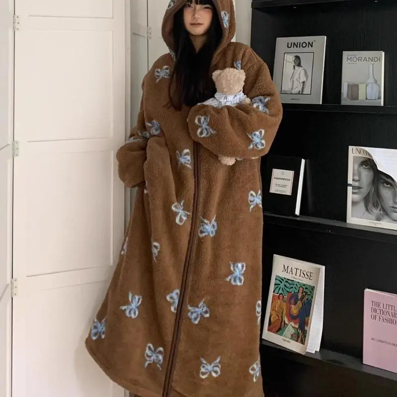 Sweet and Lovely Girl Hooded Nightgown Winter Youth Bow Long Nightgown Comfortable and Warm Women's Home Clothes Soft Pajamas
