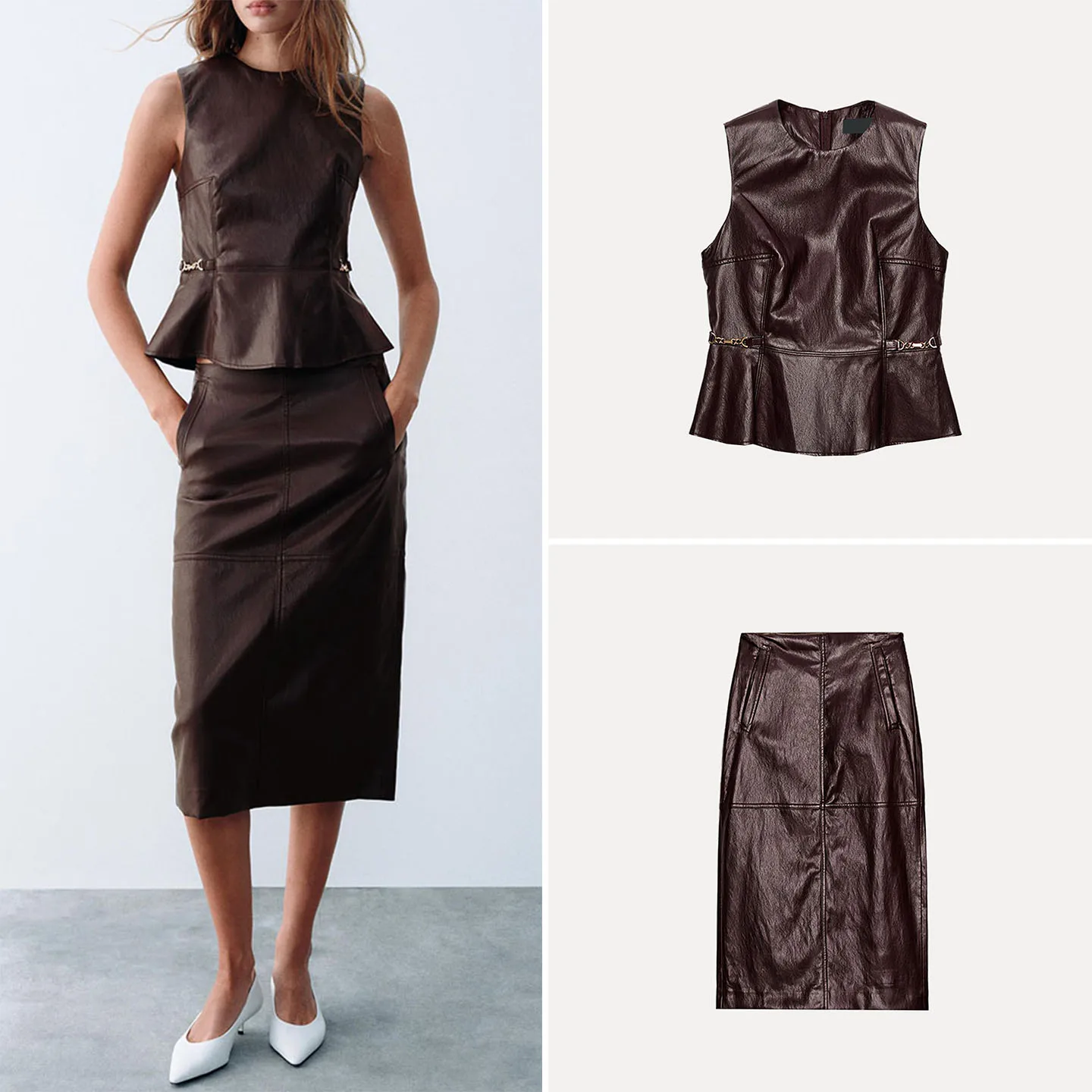 Women's Fashion Sleeveless round Neck Waist-Cinching Effect Top And Split Skirt Two-Piece Set ZADATA Brand Autumn Season