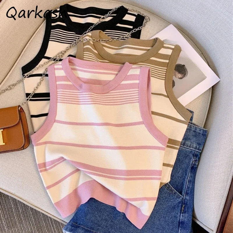 

Women Sweater Vest O-neck Striped Designer Casual High Street Soft Summer Y2k Classical Korean Style Comfortable Basic Retro Tee