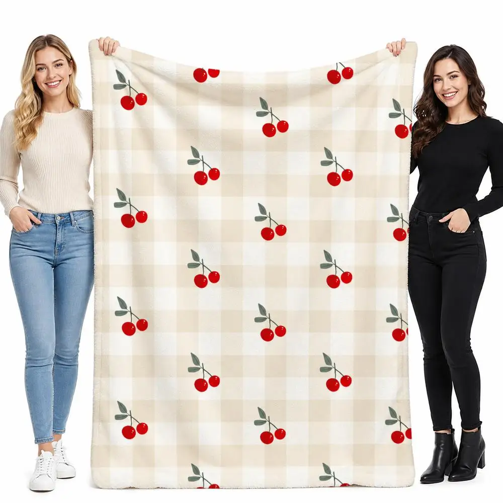 Cherry Check Gift for Girls Throw Soft Cozy Flannel Blanket for Couch Sofa Bed, Mid-Century Modern Art Lover Gift