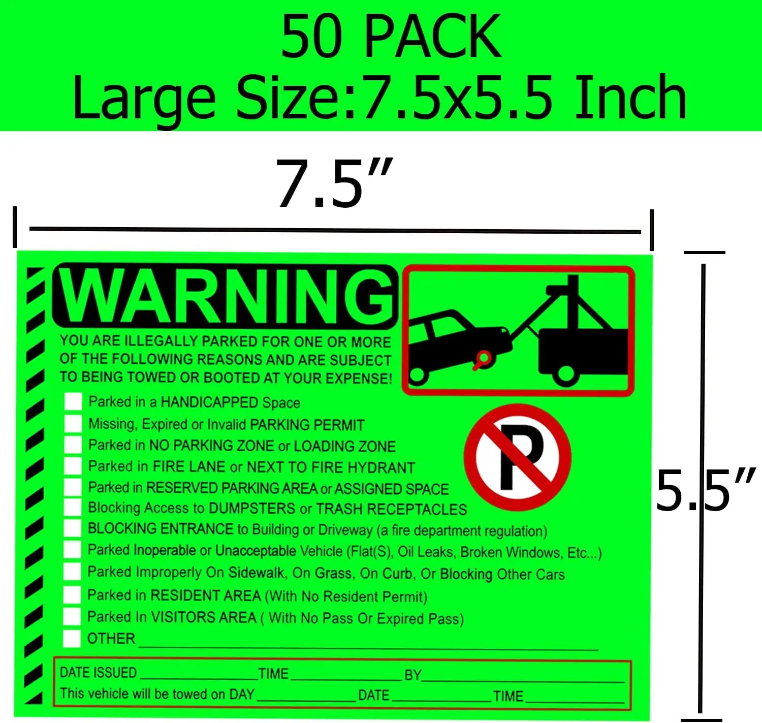 50Pcs Parking Violation Stickers Notice Parking Violation Labels Tow Stickers 5.5X7.5 inch (Green)