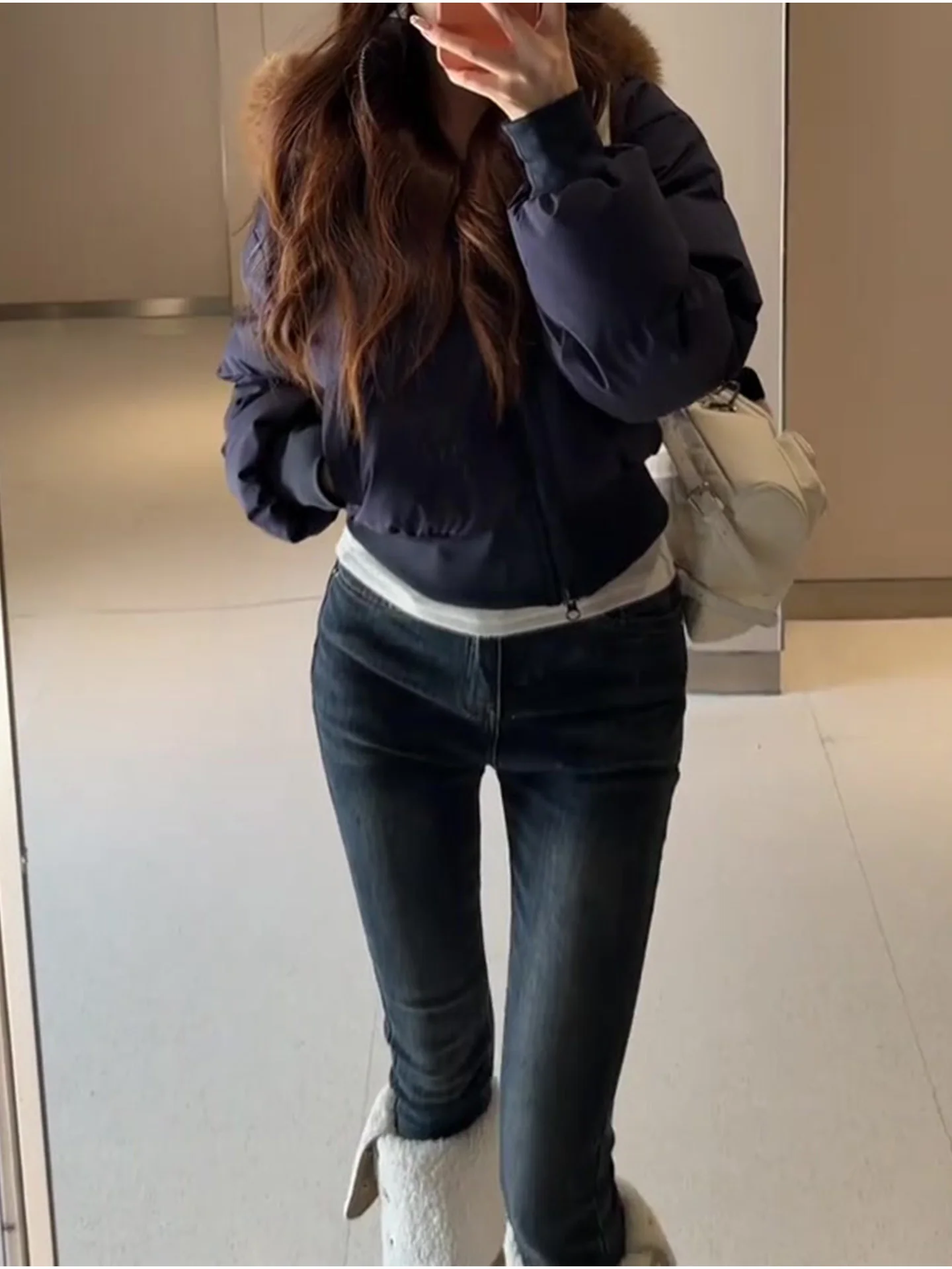 Retro American Deep Blue Hohe Taille Fce Gefüttert Skinny Nine Points Damen Jeans Herbst Winter Neue Sle Bleistift Slim Fit Hosen