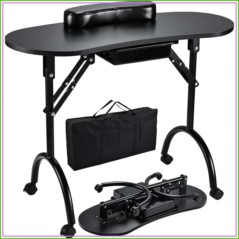 Mesa de Manicura Plegable con Ruedas Bloqueables, Cajón y Reposamuñecas para Cliente - Bolsa de Transporte Gratis, Estación de Trabajo para Técnicos de Uñas