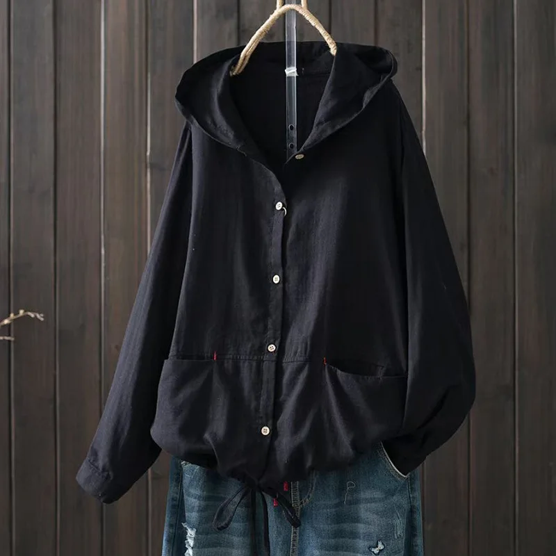 Plus Size Cotton Blouses for Women Autumn Spring Hooded Long Sleeve Single-breasted Shirts Adjustable Korean Women's Clothing