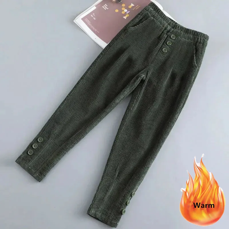 Pantalones bombachos de pana forrados de terciopelo para mujer, Pantalones holgados de gran tamaño, cálidos, elásticos, de cintura alta, informales,