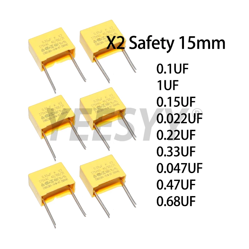 Condensador de seguridad X2, 15mm, 275VAC, 275V, 0,33UF, 0,47UF, 0,68UF, 1UF, 0,022UF, 0,047UF, 0,1UF, 0,15UF, 0,22UF, película de polipropileno, 10 Uds.