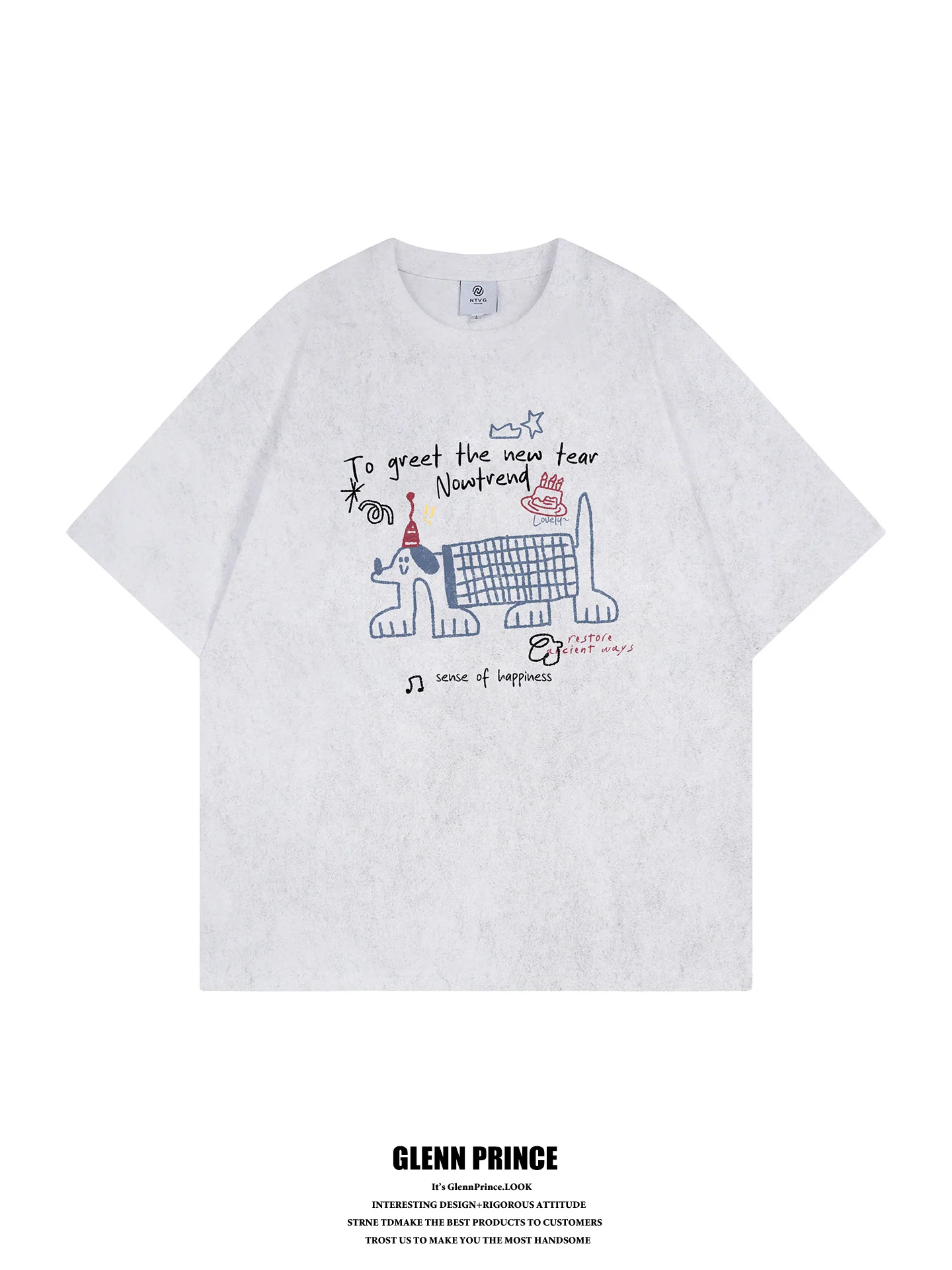 

GPstudio Japanese Style Short Sleeve T-Shirt Men's Casual Printed Doggies Loose Fit Breathable Cotton Summer Top