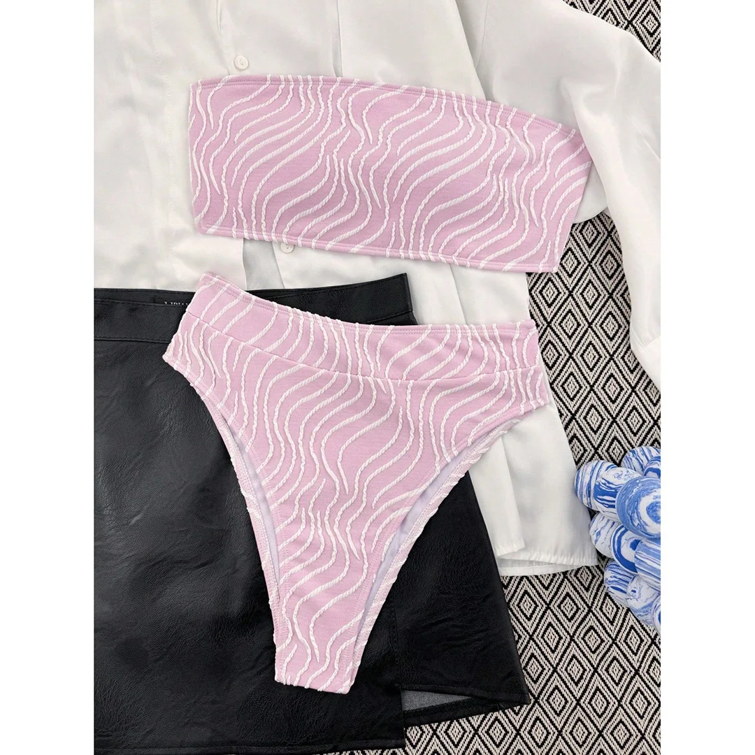 Sexy Bikini mit Wellenmuster, Bandeau-Oberteil und hoher Taille, Damen-Badeanzug, zweiteiliges Bikini-Set, Badebekleidung, Badeanzug, Modell V5445. – Detail 37
