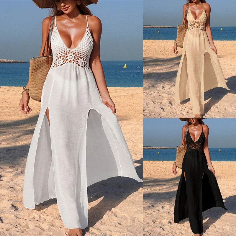 Women Full Length Backless Beach Dress Side Split Swimsuit Coverup with Adjustable Back Tie for Beach Sunbathing 24BD