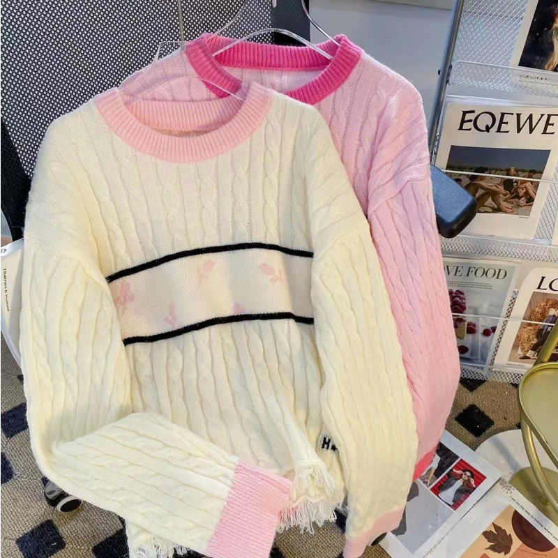 

White NEW Women Clothing Vintage Knitting Sweater Contrasting Colors Long Sleeve Casual Korean Fashion Baggy Female Winter Tops