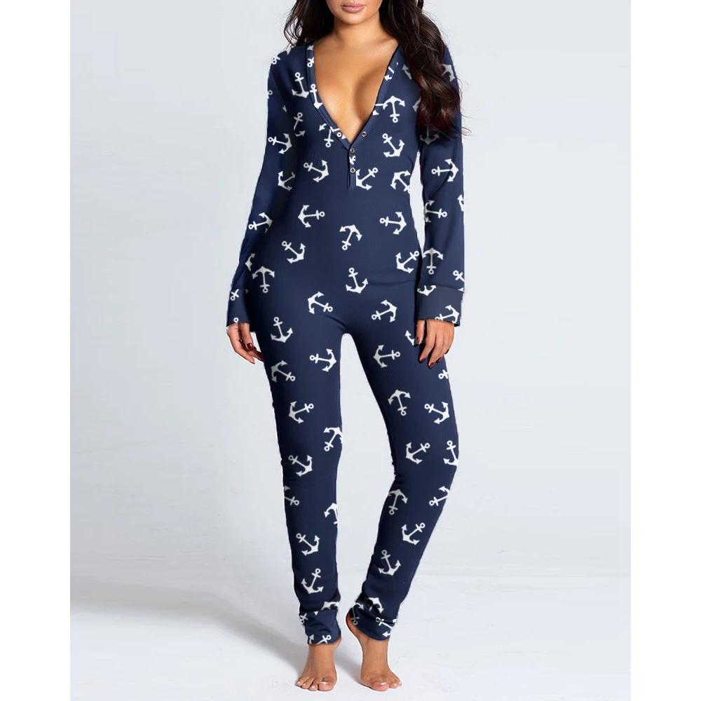 

2023 New Autumn Women's Sexy V-neck Print Slim Homewear Jumpsuits Winter Casual Femme Button Flap Long Sleeve Sleep Wear Teddies