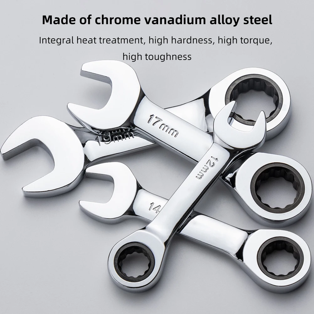 Reversible Combination Stubby Spanner Quick Open Short Handle Ratchet Socket Wrench 8mm-19mm CR-V Steel Bike/Auto Repair Tool