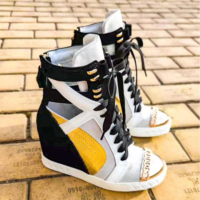 8CM Height Increasing Chain Round Toe Sneakers Black Beige Gold Patchwork Lace Up Wedge Boots Multicolor Women Casual Shoes