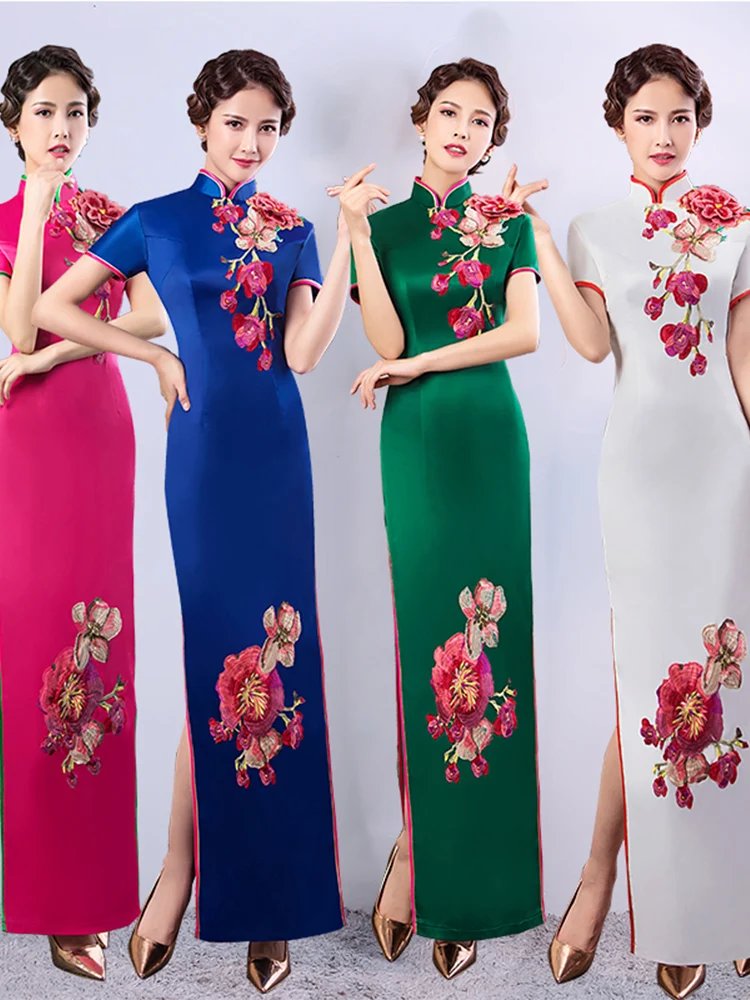 

Новое длинное красное платье с высоким разрезом для женщин старше 35 лет, традиционный китайский костюм для сценических выступлений