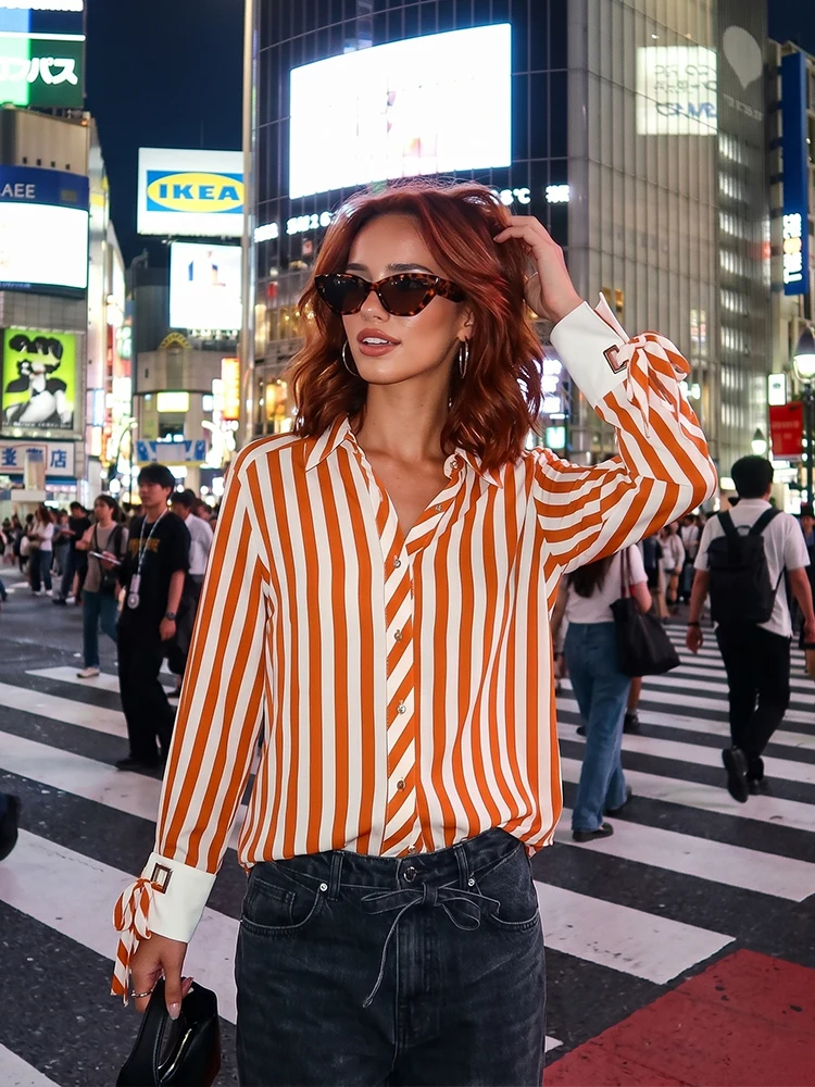 

HH French Style Striped Loose Shirt Point Collar Cuff Tie Long Sleeve Button Front Blouse Summer Beach Resort Vacation Outfit