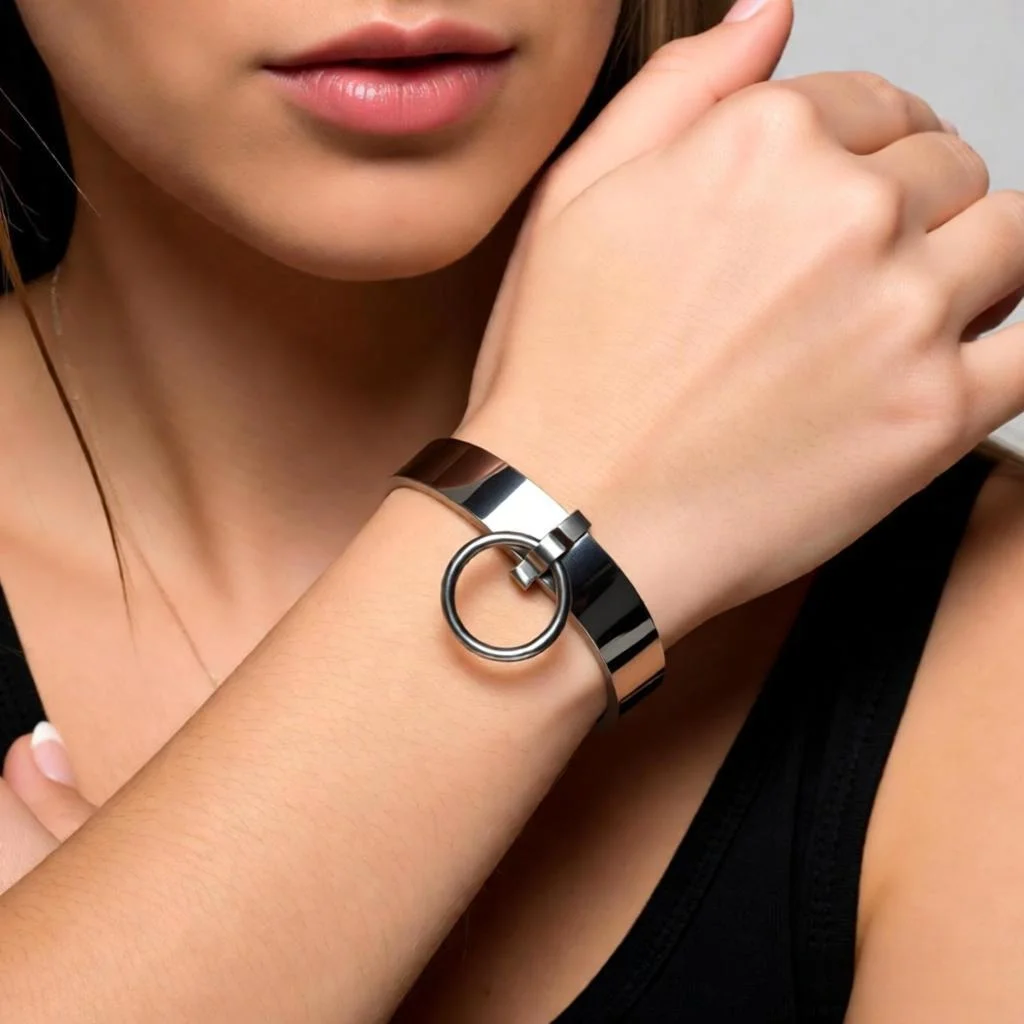 H049P polished shining stainless steel lockable wrist ankle cuff slave bracelet with removable O ring
