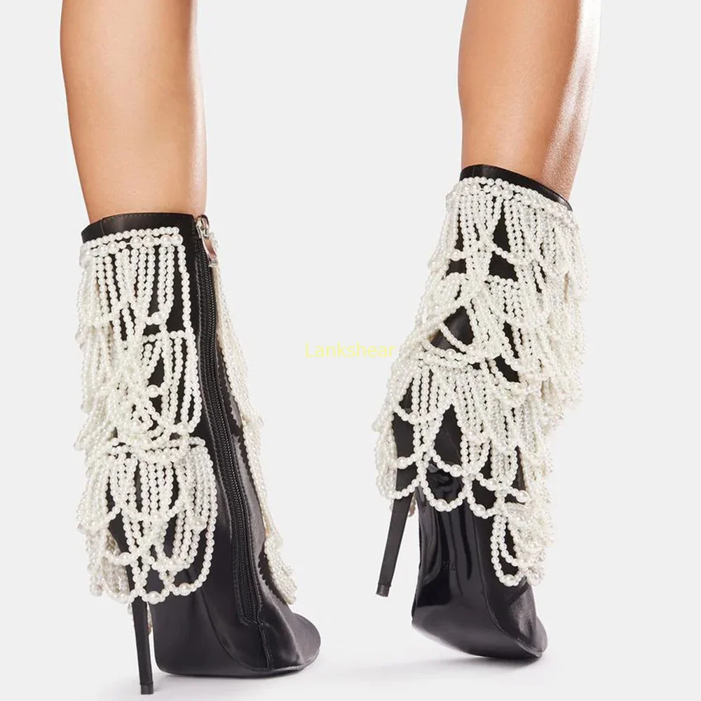 String of Pearls Ankle Boots Sexy Pointed Toe Thin Heel Zipper Mixed Colors New Arrivals Fashion Women Runway Boots