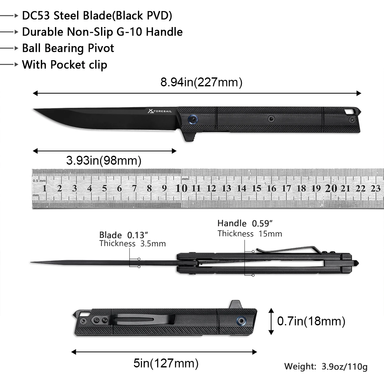 FORESAIL Folding Pocket Knife.Black PVD DC53 steel Blade, G-10 Handle, and is ideal for outdoor camping and everyday carry.