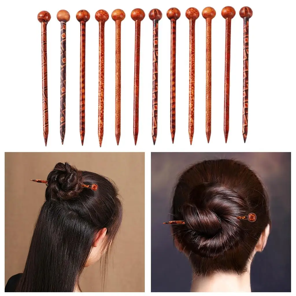 12x Retro Hair Sticks Printed Wood Hairpin Chopsticks for Women Men Hair Jewelry