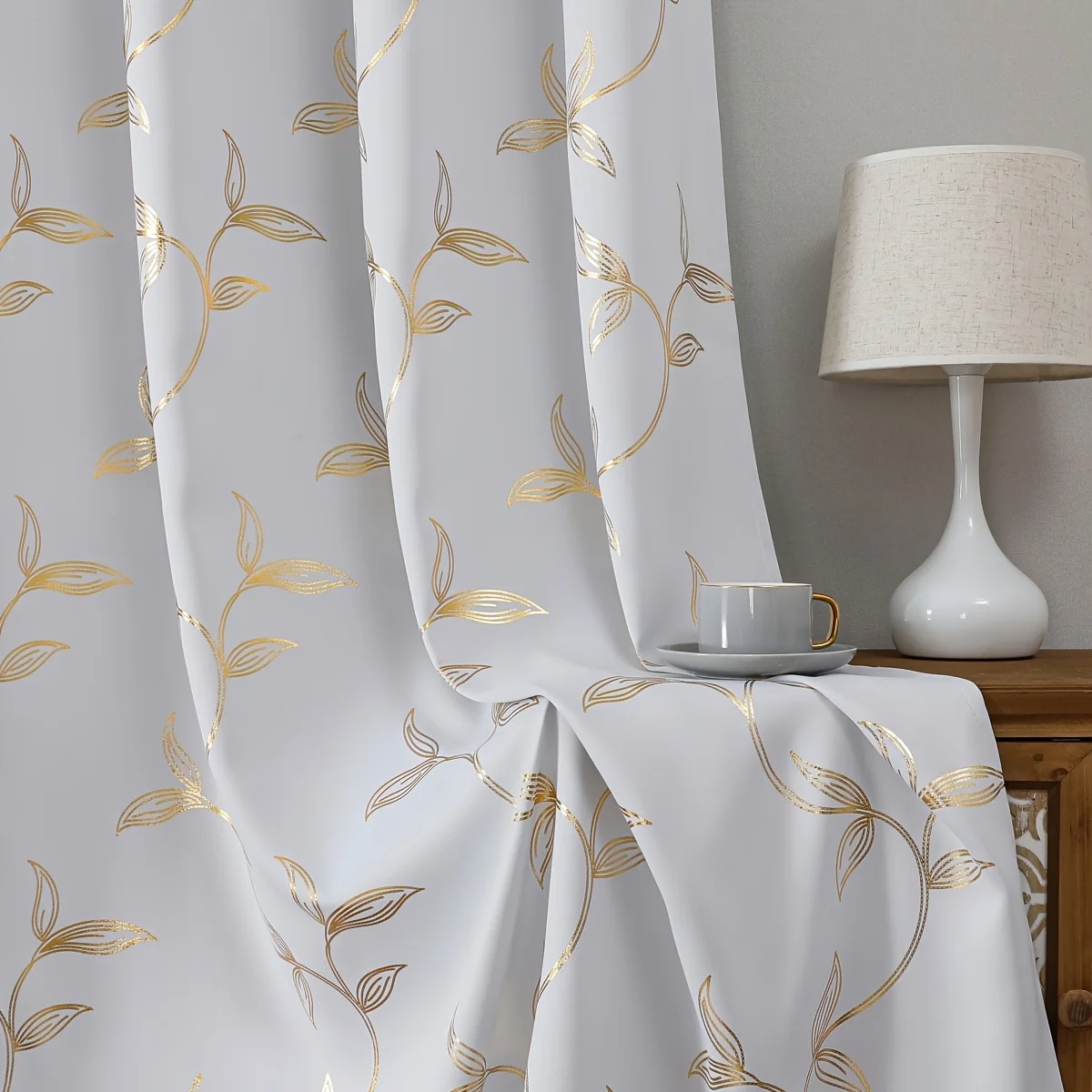1PC Elegant Blackout Curtain with Gold Leaf Design, Modern Metal Bronze Color Drapes, Polyester Material, Ideal for Living Room