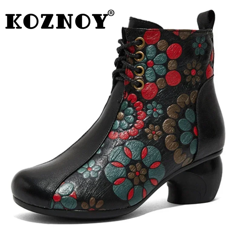 Koznoy Boots Woman Winter 2025 4cm Retro Ethnic Print Cow Genuine Leather Plush Fashion Chunky Heel Autunm Zipper Lace Up Shoes