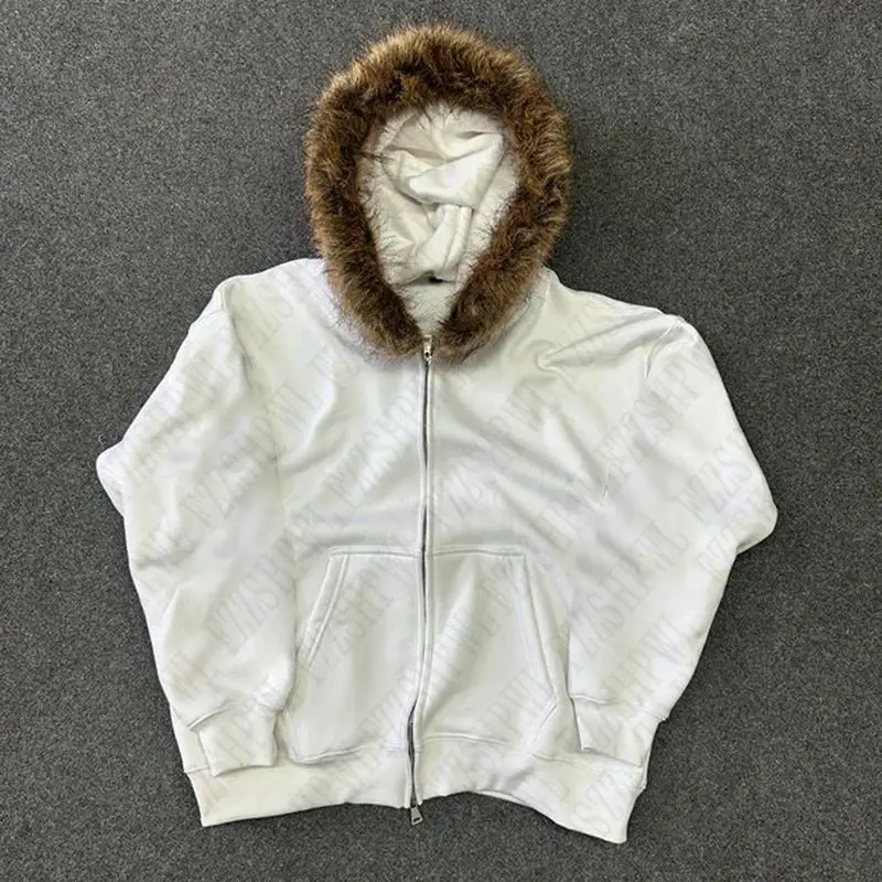 Streetwear Y2K Zip up hoodie Dark Faux Fur Collar Camouflage Rock